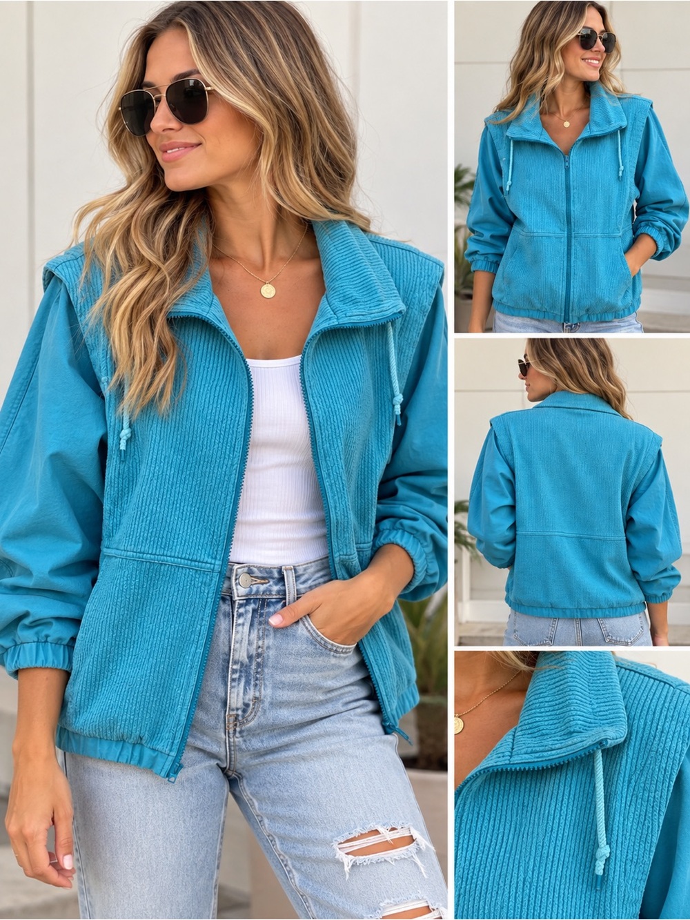 Vintage Retro Windbreaker Lightweight Women's Teal Corduroy-Panel Utility Jacket